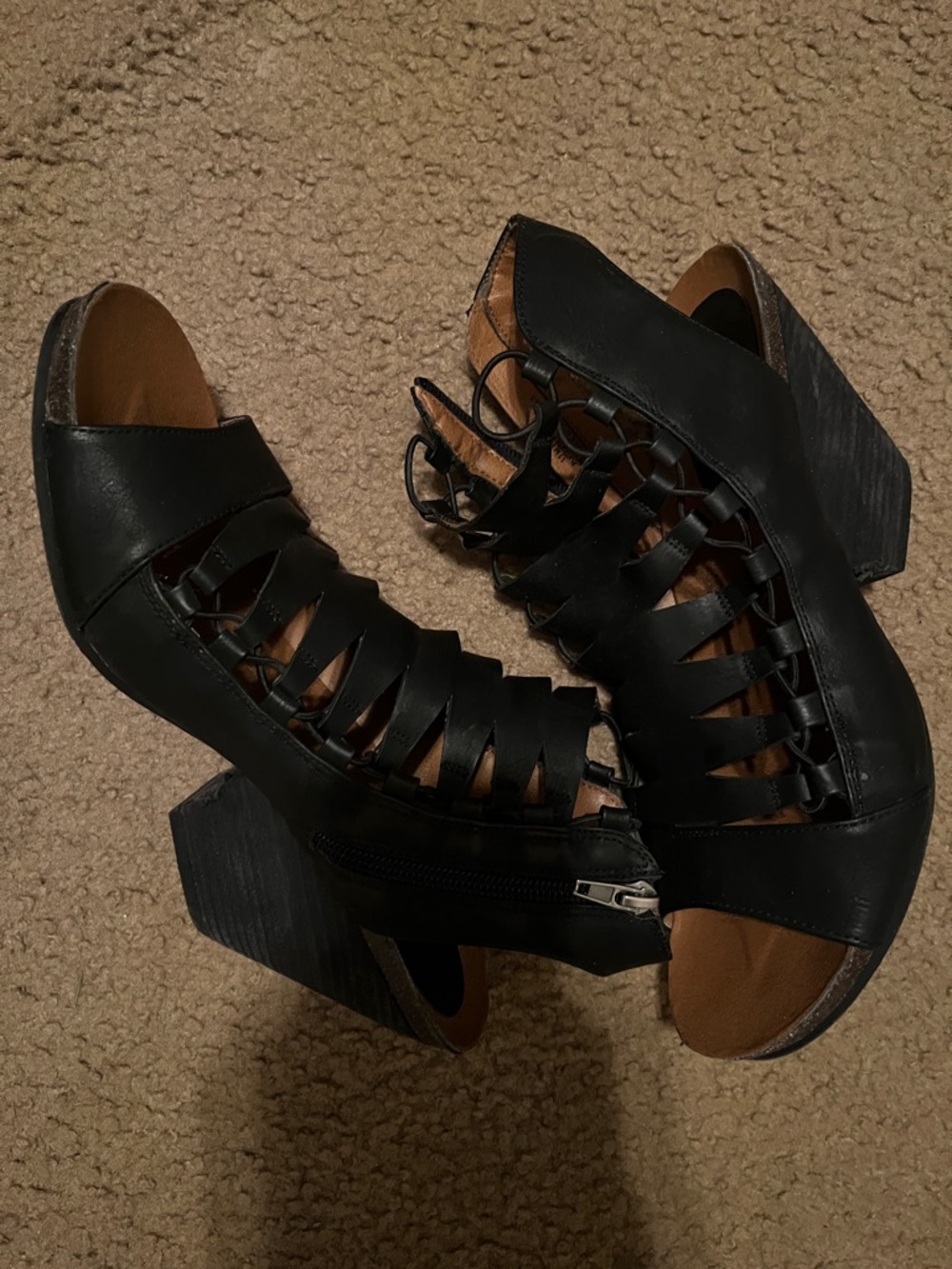 Women's Black Strappy Cutout Block Heel Sandals